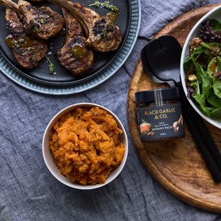 Roast Sweet Potato & Black Garlic Mash With Grilled Lamb Cutlets