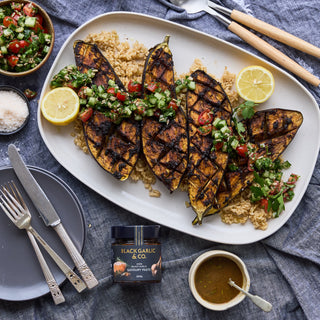 Oven Grilled Aged Black Garlic Eggplant Steaks