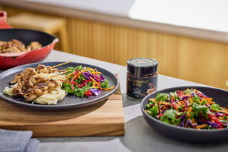 ASIAN BBQ CHICKEN SKEWERS with rainbow slaw and noodles
