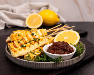 Lemon Thyme Haloumi Skewers with Black Garlic Tomato Chilli Chutney
