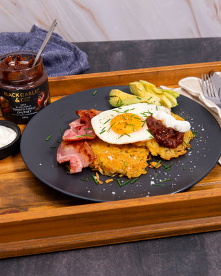 Potato Rosti Big Breakfast with Black Garlic Tomato Chilli Chutney