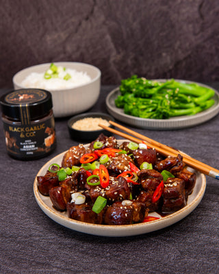 Air Fried (or oven roasted) Sticky Glazed Asian Pork Belly Bites